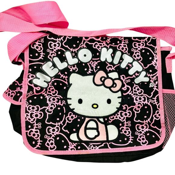 Sanrio's Hello Kitty Face and Bow Pattern Black/Pink Messenger Bag - Picture 2 of 8